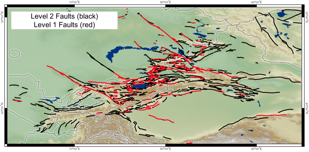 Figure showing a map across the Tien Shan region, with lines indicating the locations of active faults