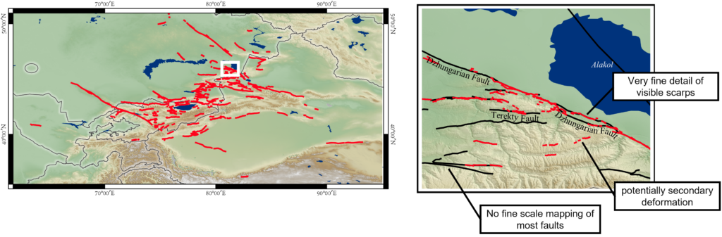 Figure showing a map across the Tien Shan region, with lines indicating the locations of active faults