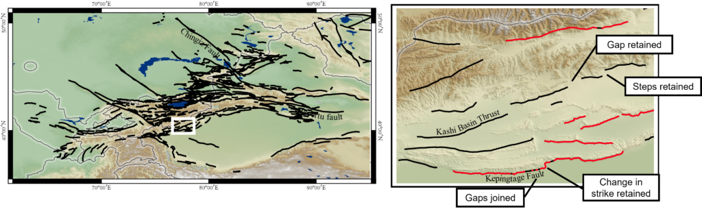 Figure showing a map across the Tien Shan region, with lines indicating the locations of active faults