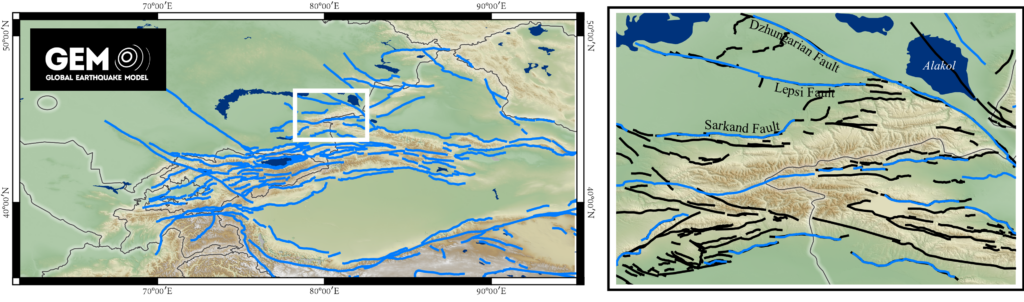 Figure showing a map across the Tien Shan region, with lines indicating the locations of active faults