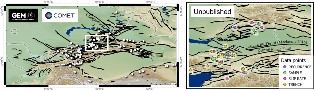 Figure showing a map across the Tien Shan region, with lines indicating the locations of active faults, and points indicating the location of field data